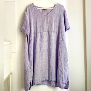 Flax linen purple stripe v-neck dress with pockets
